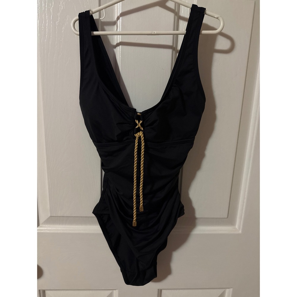 Lauren Ralph Lauren Black Ruched One Piece Swimsuit Gold Rope Lace Up Size 0